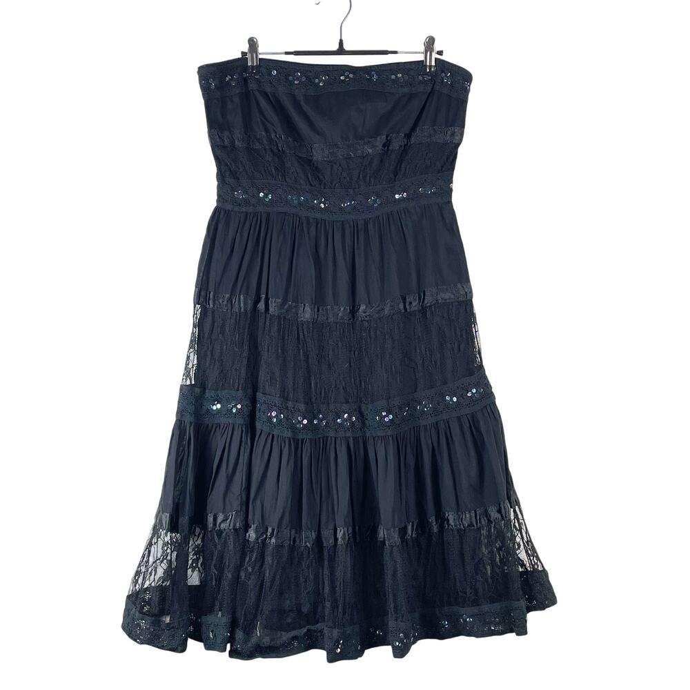 Y2K Two of Us Women's Black Strapless Tiered Lace Sequin Dress M Whimsy Fairy